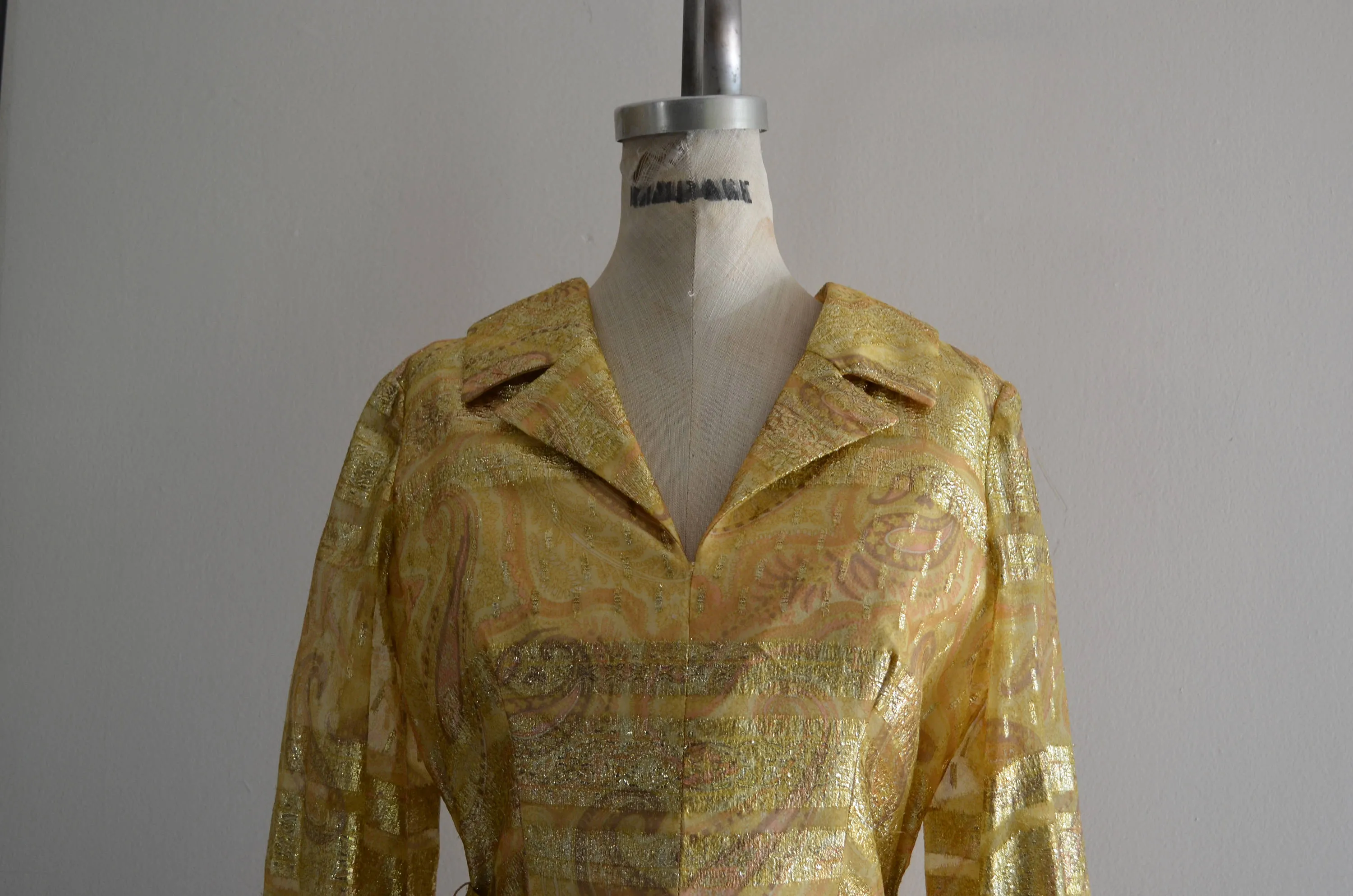 1970S Duvall's Metallic Gold Parsley Brocade Yellow Glitter Belted High Waist Midi Dress Long Sleeve