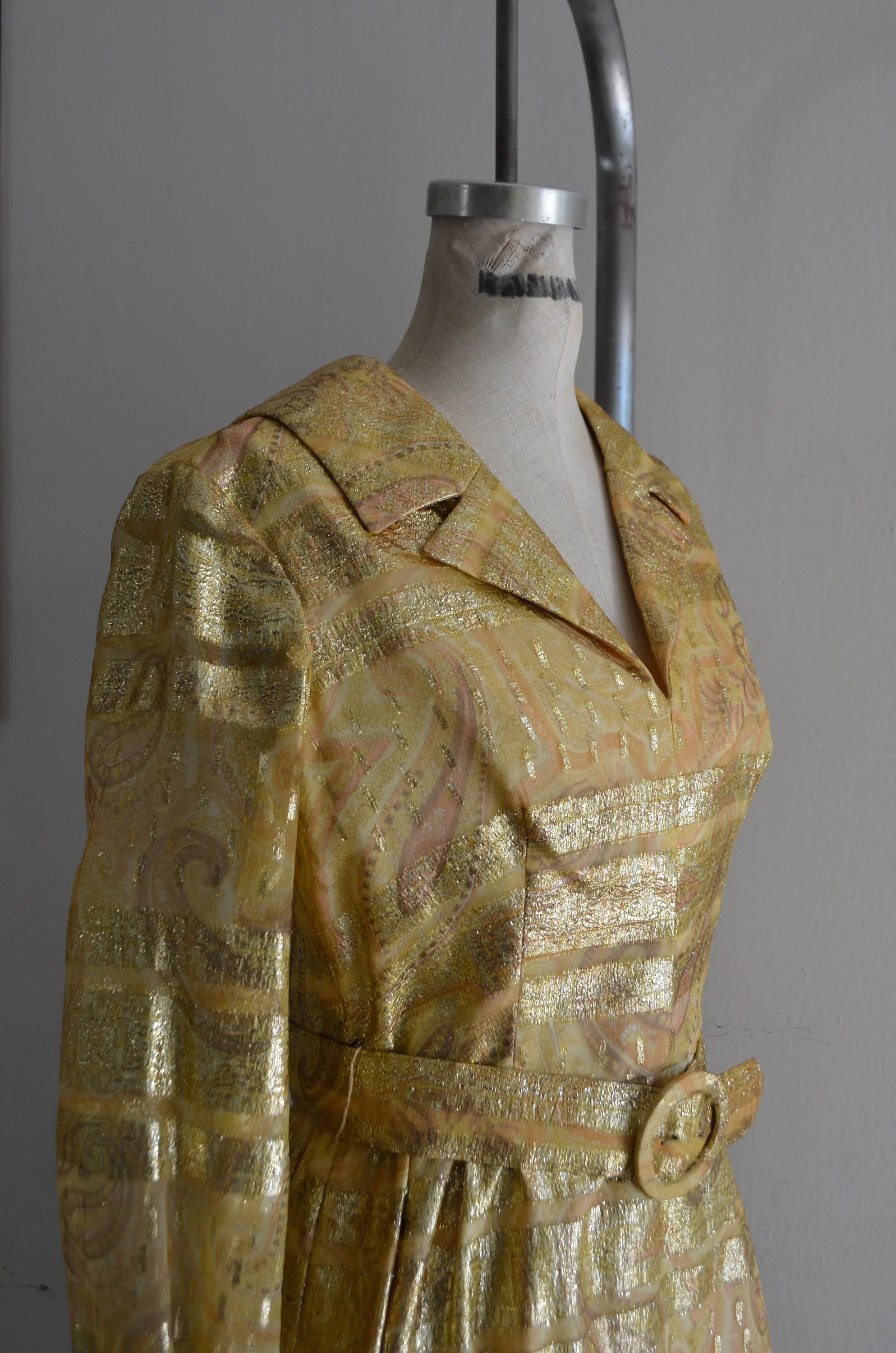 1970S Duvall's Metallic Gold Parsley Brocade Yellow Glitter Belted High Waist Midi Dress Long Sleeve