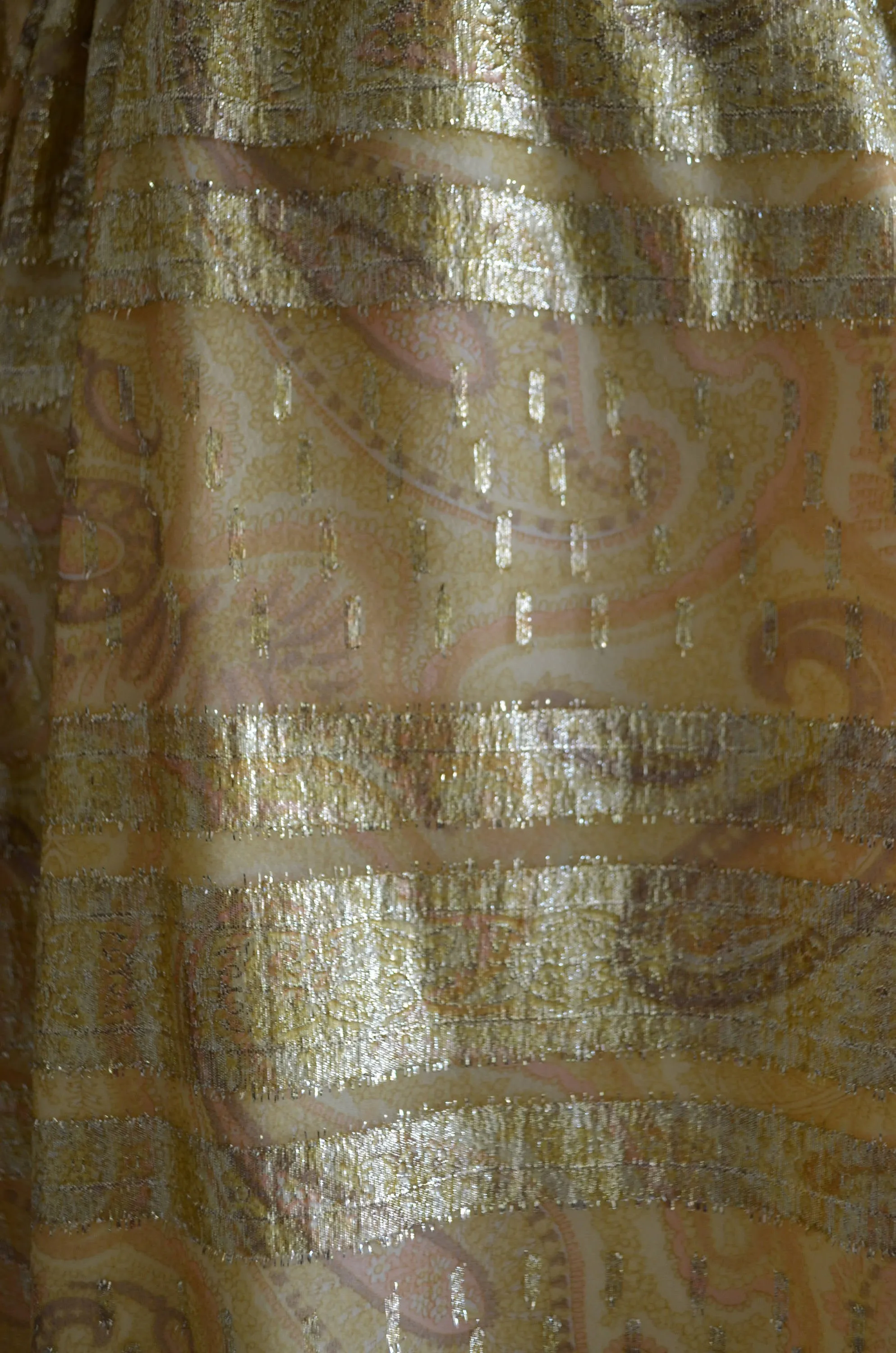 1970S Duvall's Metallic Gold Parsley Brocade Yellow Glitter Belted High Waist Midi Dress Long Sleeve
