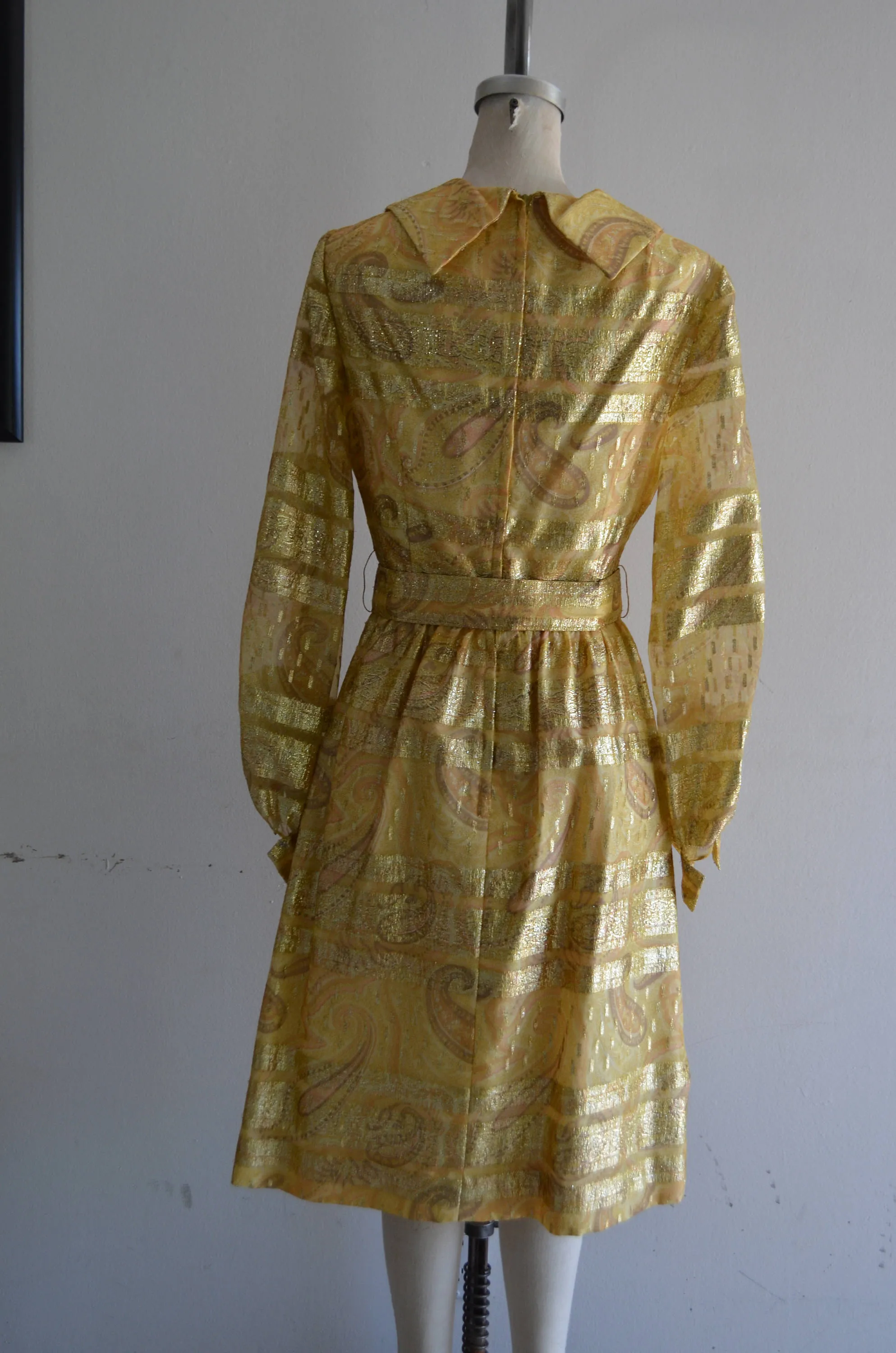 1970S Duvall's Metallic Gold Parsley Brocade Yellow Glitter Belted High Waist Midi Dress Long Sleeve