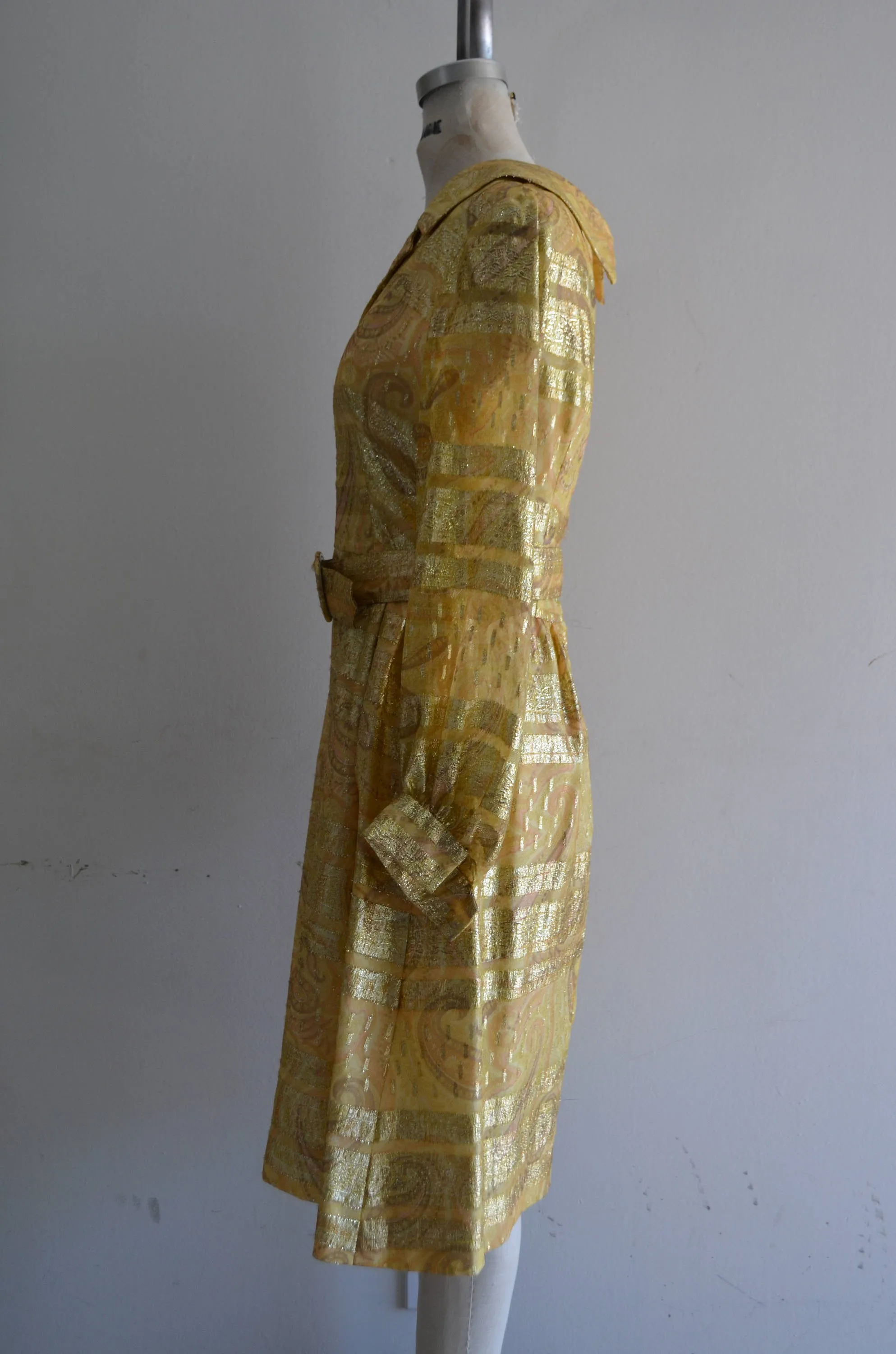 1970S Duvall's Metallic Gold Parsley Brocade Yellow Glitter Belted High Waist Midi Dress Long Sleeve