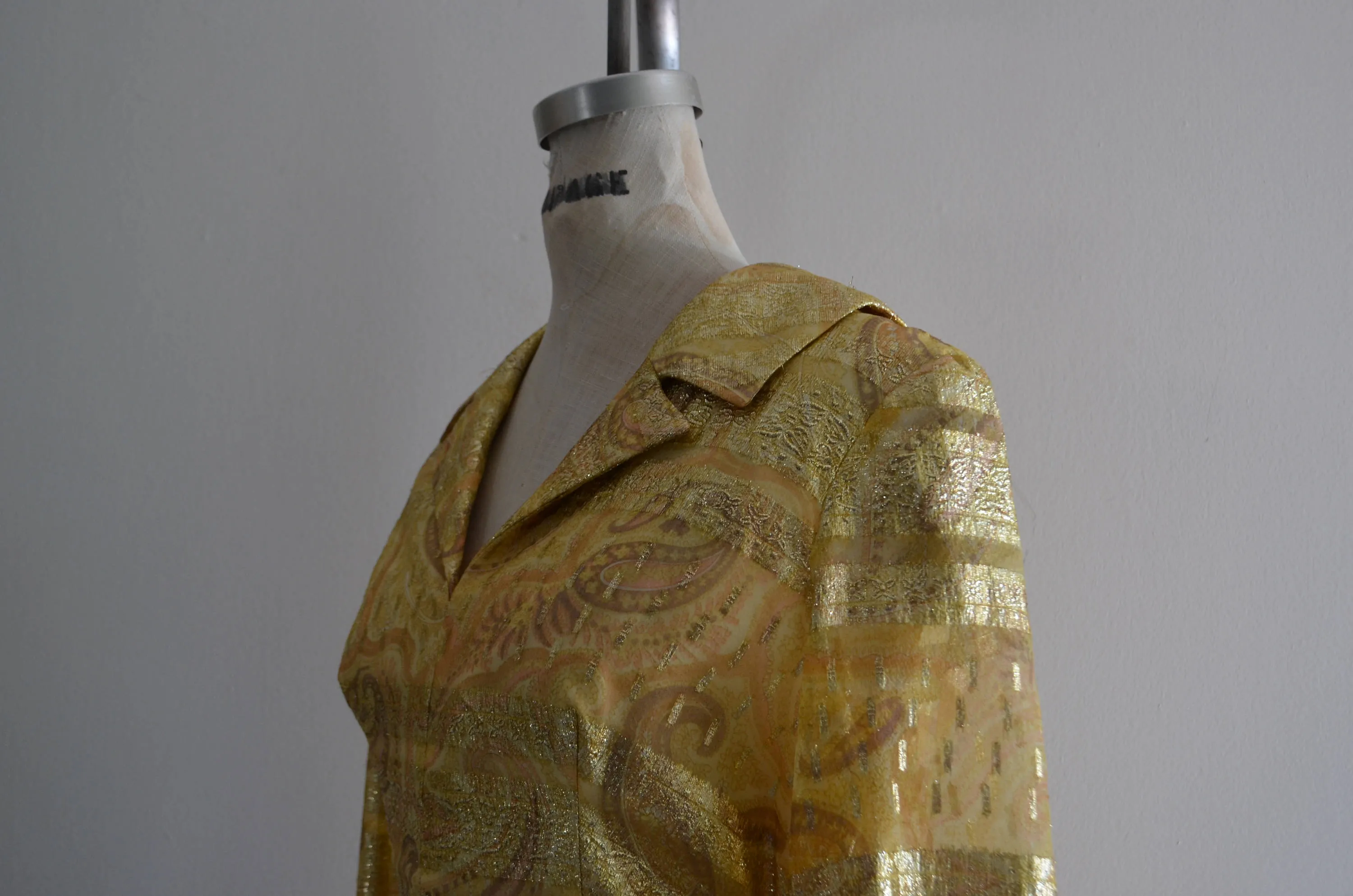 1970S Duvall's Metallic Gold Parsley Brocade Yellow Glitter Belted High Waist Midi Dress Long Sleeve