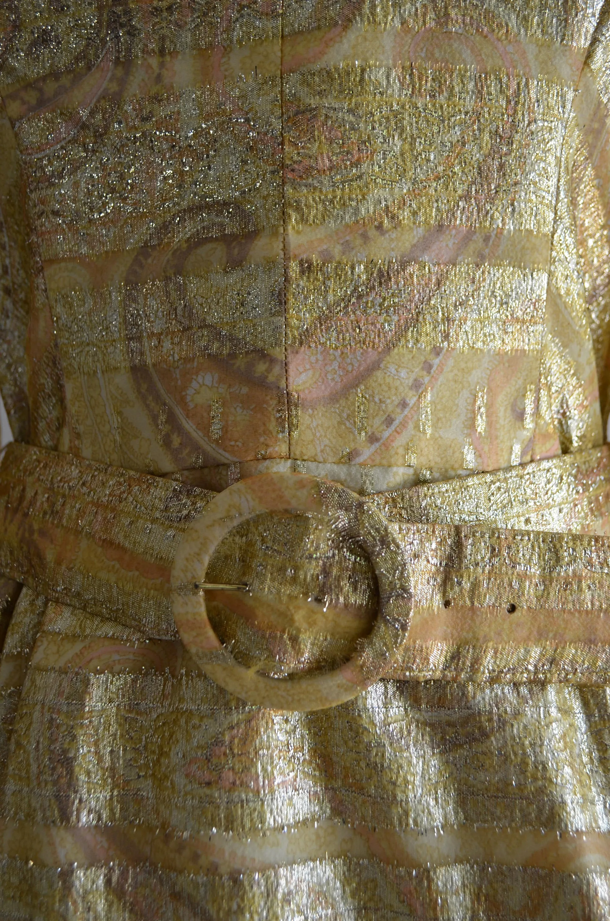 1970S Duvall's Metallic Gold Parsley Brocade Yellow Glitter Belted High Waist Midi Dress Long Sleeve