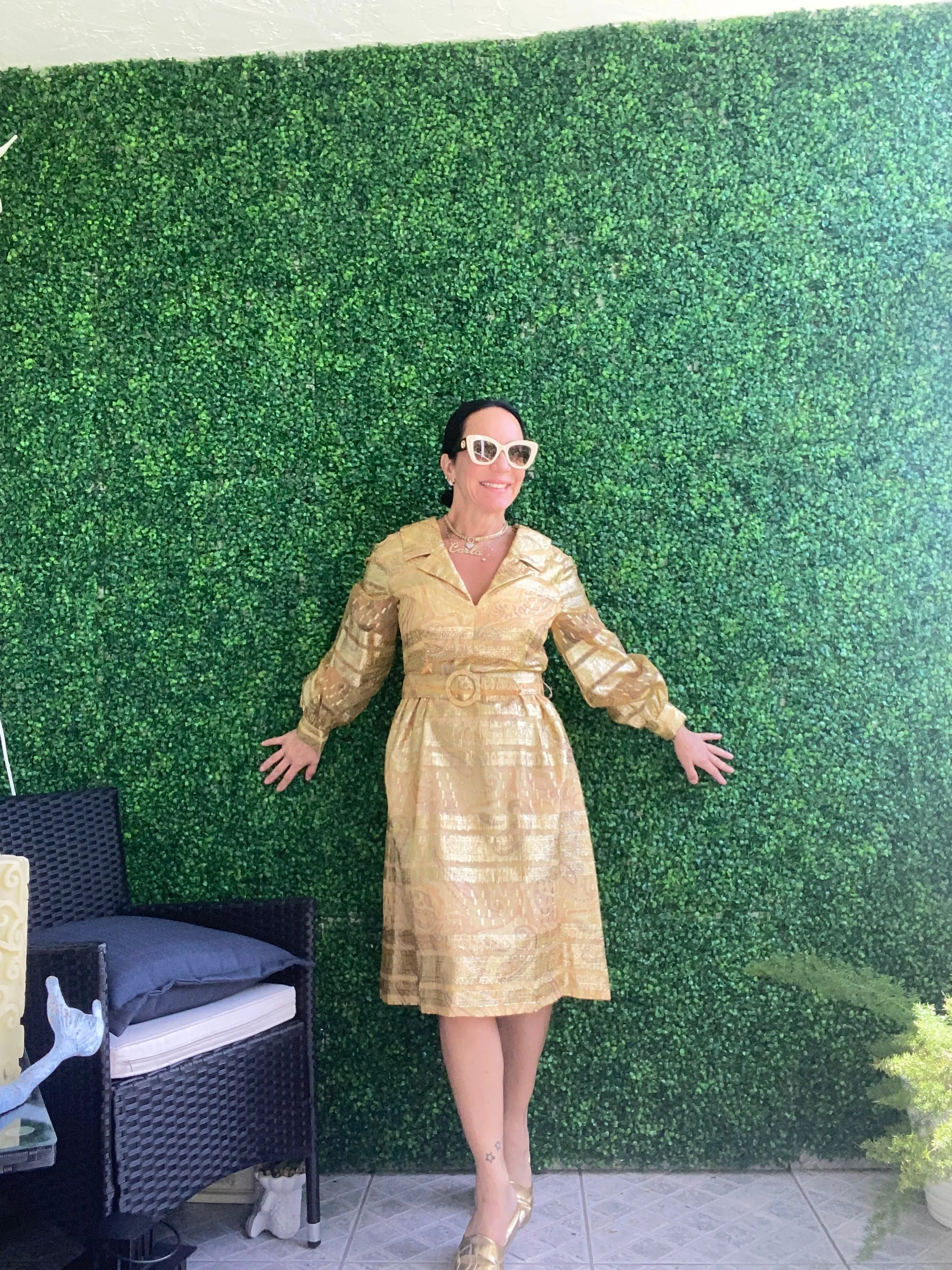 1970S Duvall's Metallic Gold Parsley Brocade Yellow Glitter Belted High Waist Midi Dress Long Sleeve