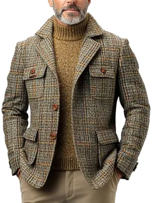 【24-hour shipping】Men's Lapel Single Breasted Multi-Pocket Casual Vintage Plaid Coat