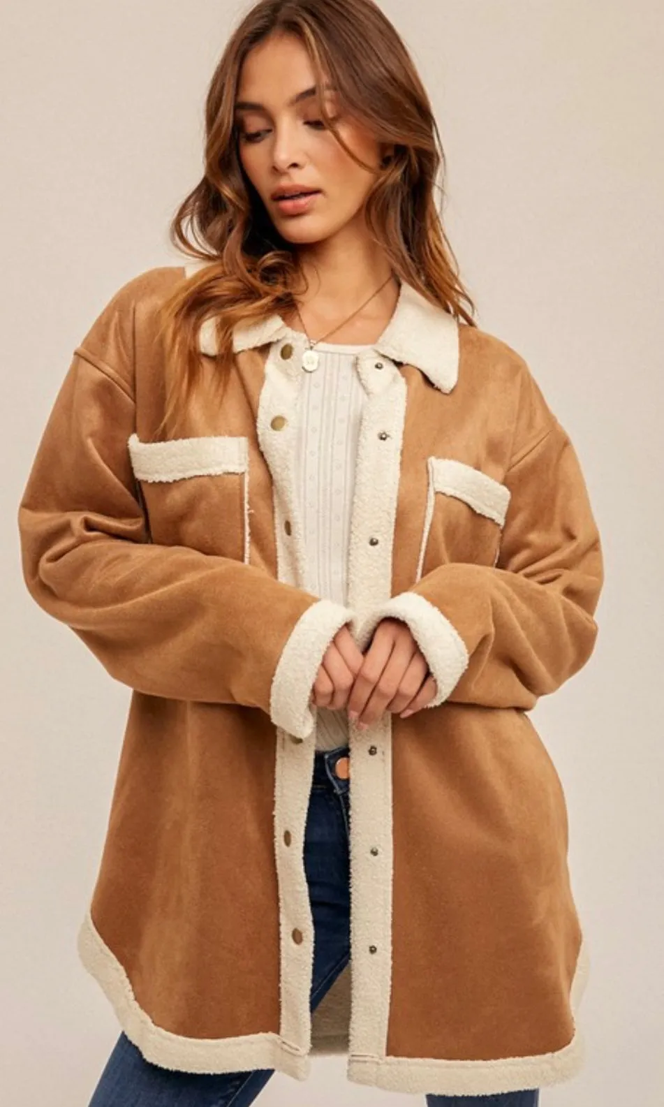 Ameny Camel Vegan Suede Faux-Fur Lined Side Pocket Jacket Shacket