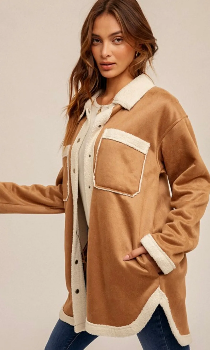 Ameny Camel Vegan Suede Faux-Fur Lined Side Pocket Jacket Shacket