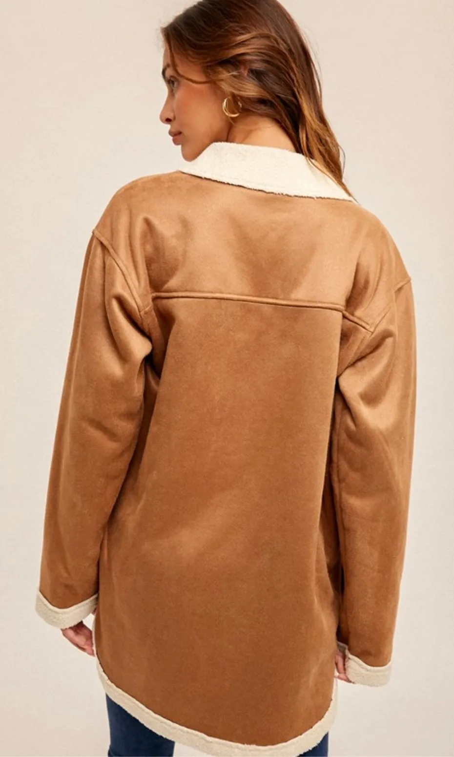 Ameny Camel Vegan Suede Faux-Fur Lined Side Pocket Jacket Shacket