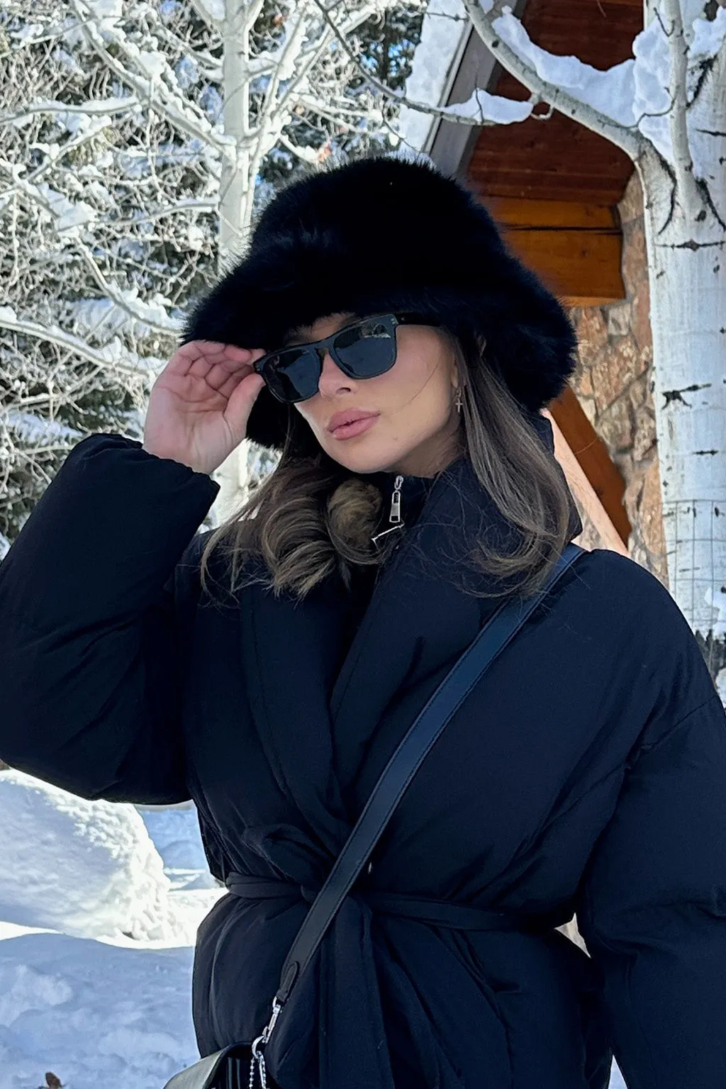 Bucket Down Black Faux Fur Hat