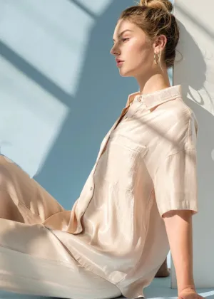 Café au lait, Satin 2 Piece, Pants And Shirt Set, Taupe
