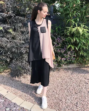 Chiffon Long Top Plain Cotton Maxi Dress(BLACK)