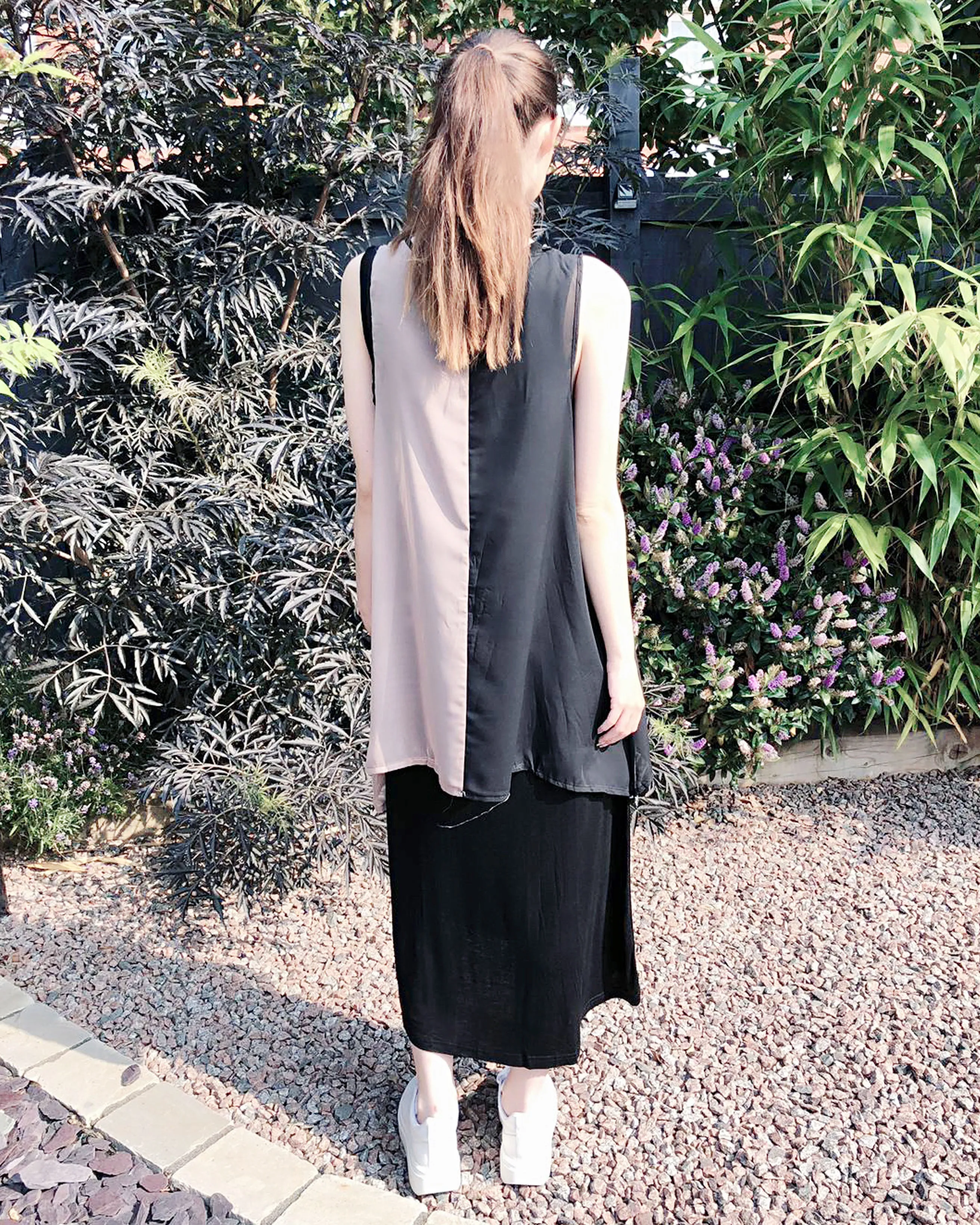 Chiffon Long Top Plain Cotton Maxi Dress(BLACK)