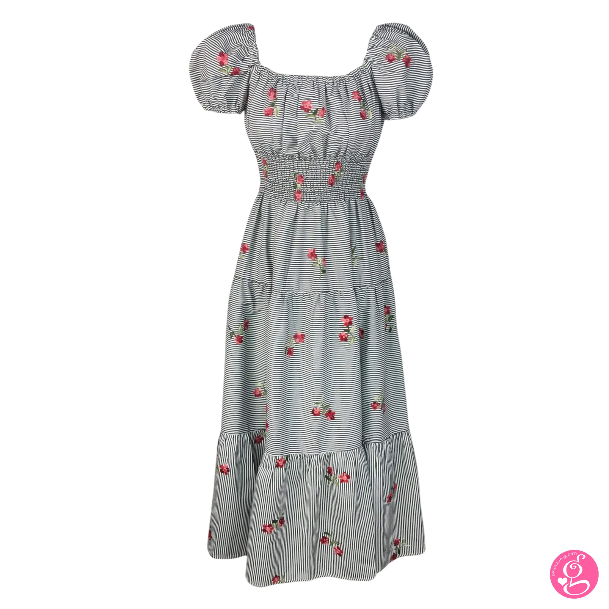 Deep Square Neck Maxi Dress Pinstripes & Embroidered Flowers