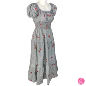 Deep Square Neck Maxi Dress Pinstripes & Embroidered Flowers