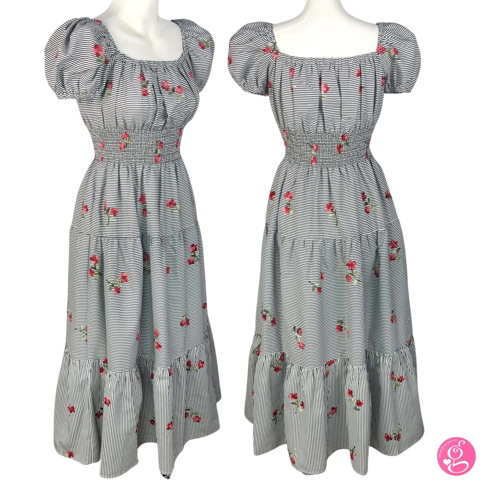Deep Square Neck Maxi Dress Pinstripes & Embroidered Flowers