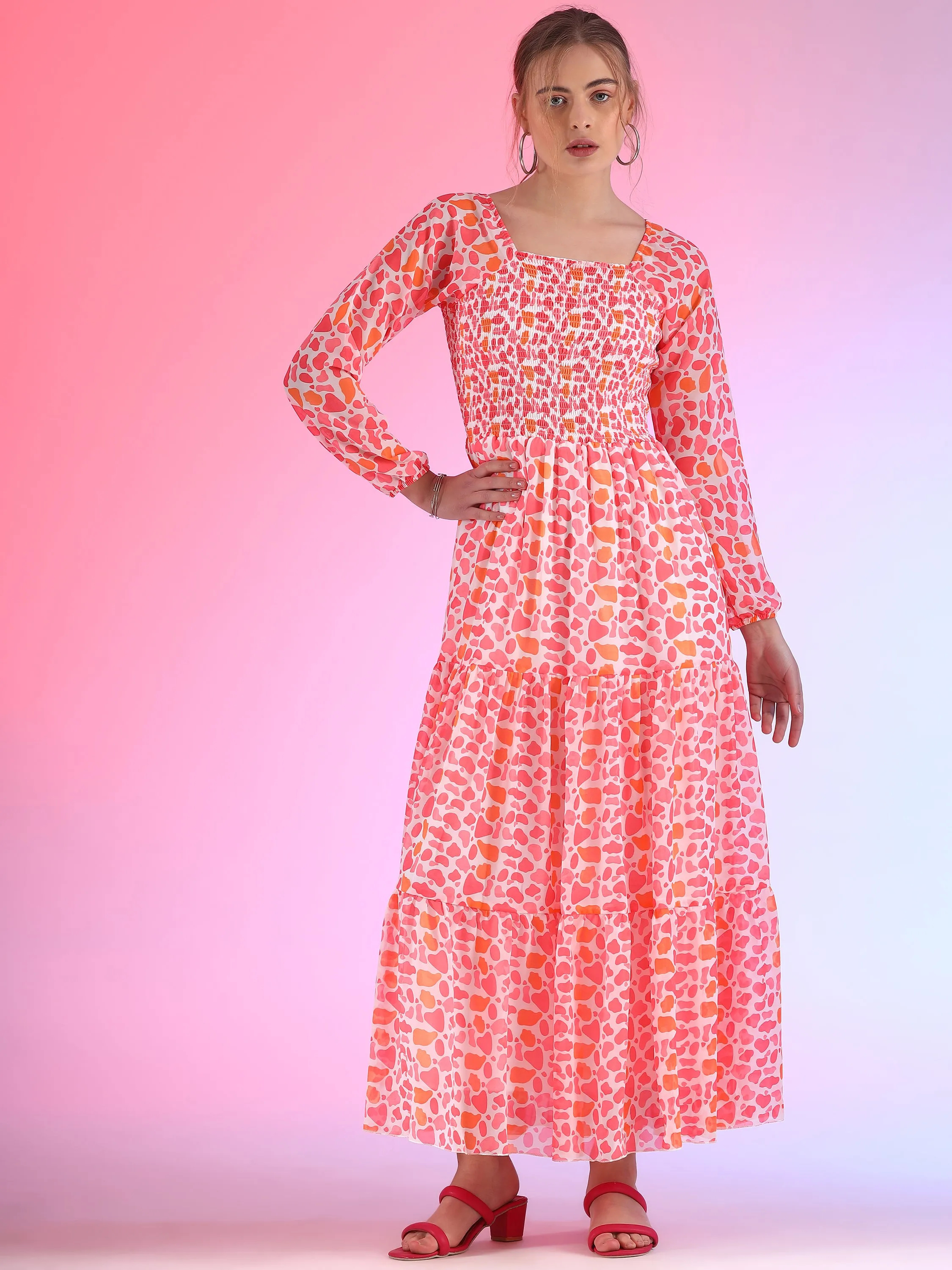 Fuchsia Fantasy Bishop Sleeve Georgette Maxi Dress