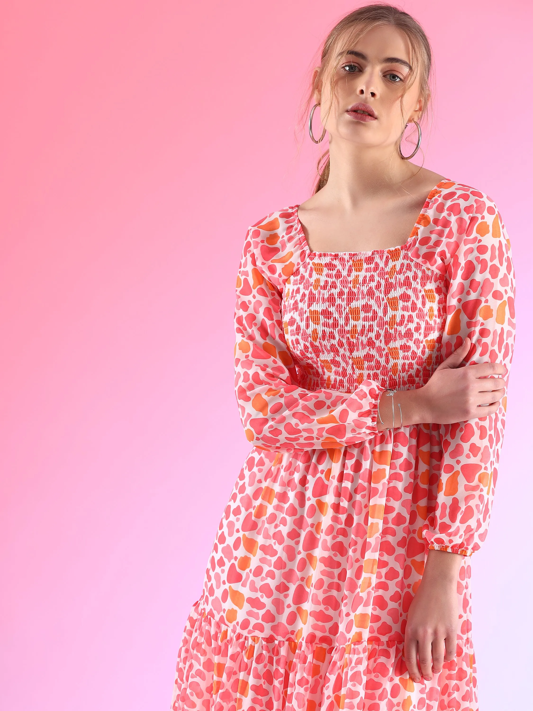 Fuchsia Fantasy Bishop Sleeve Georgette Maxi Dress