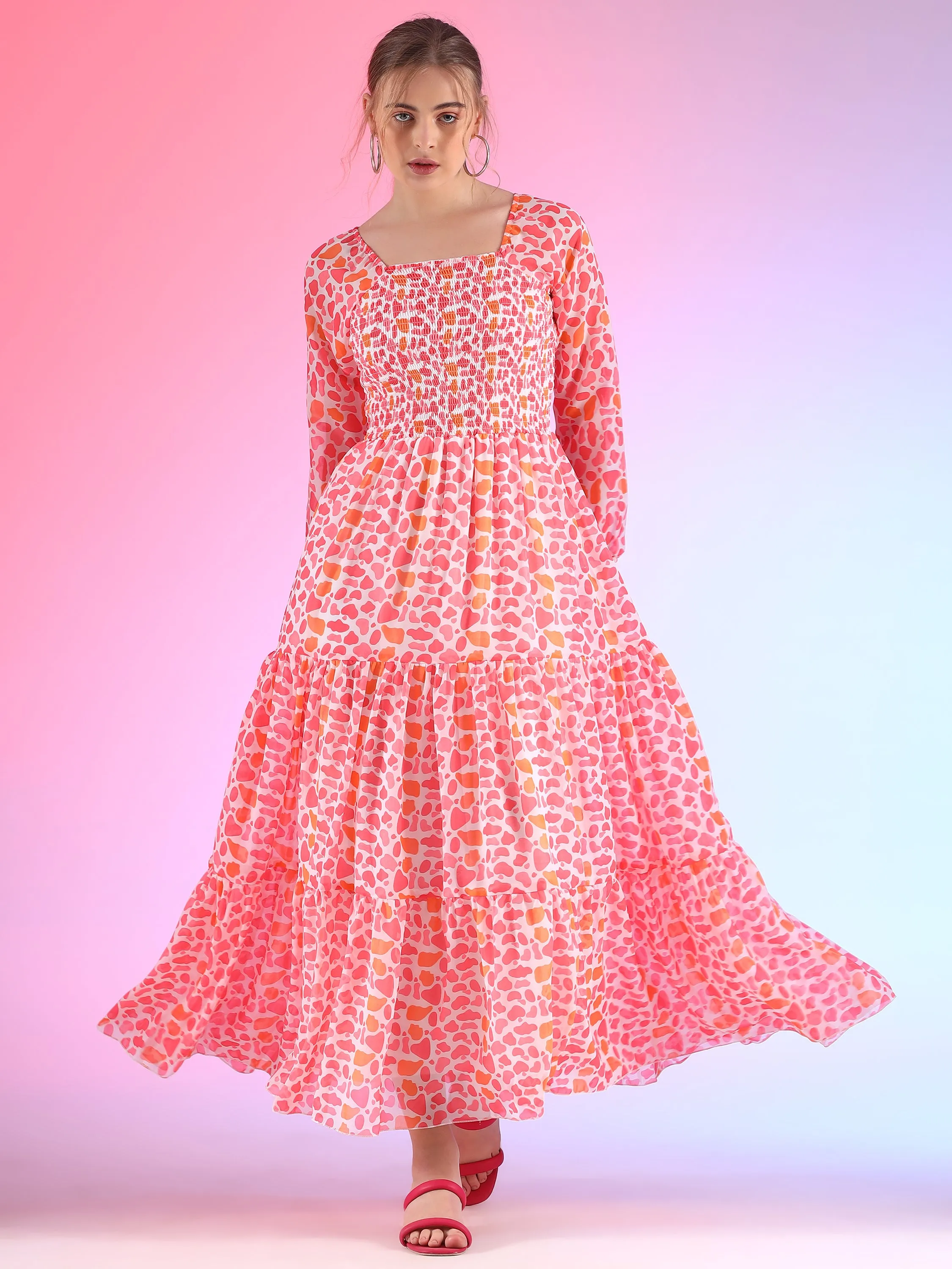Fuchsia Fantasy Bishop Sleeve Georgette Maxi Dress