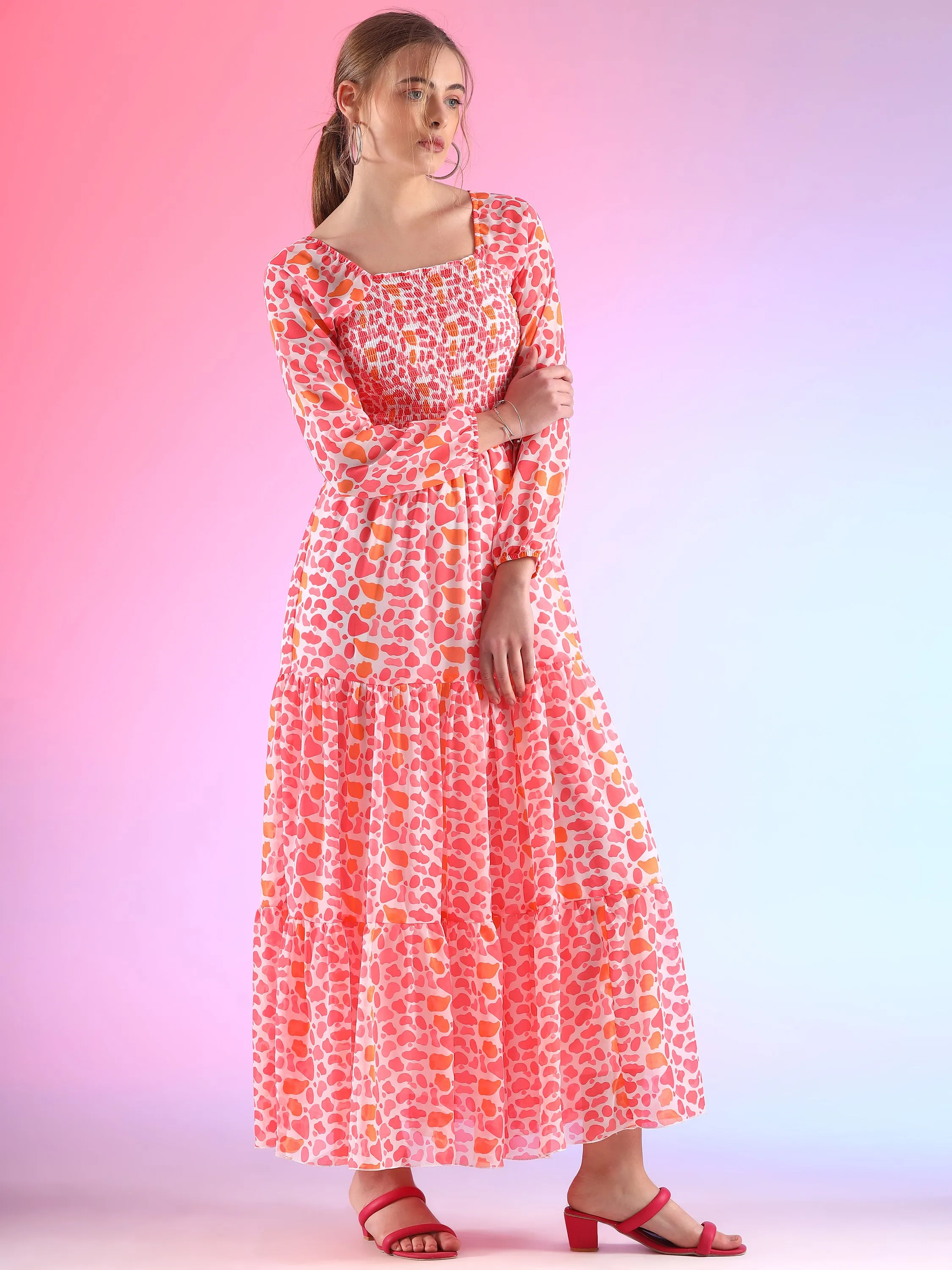 Fuchsia Fantasy Bishop Sleeve Georgette Maxi Dress