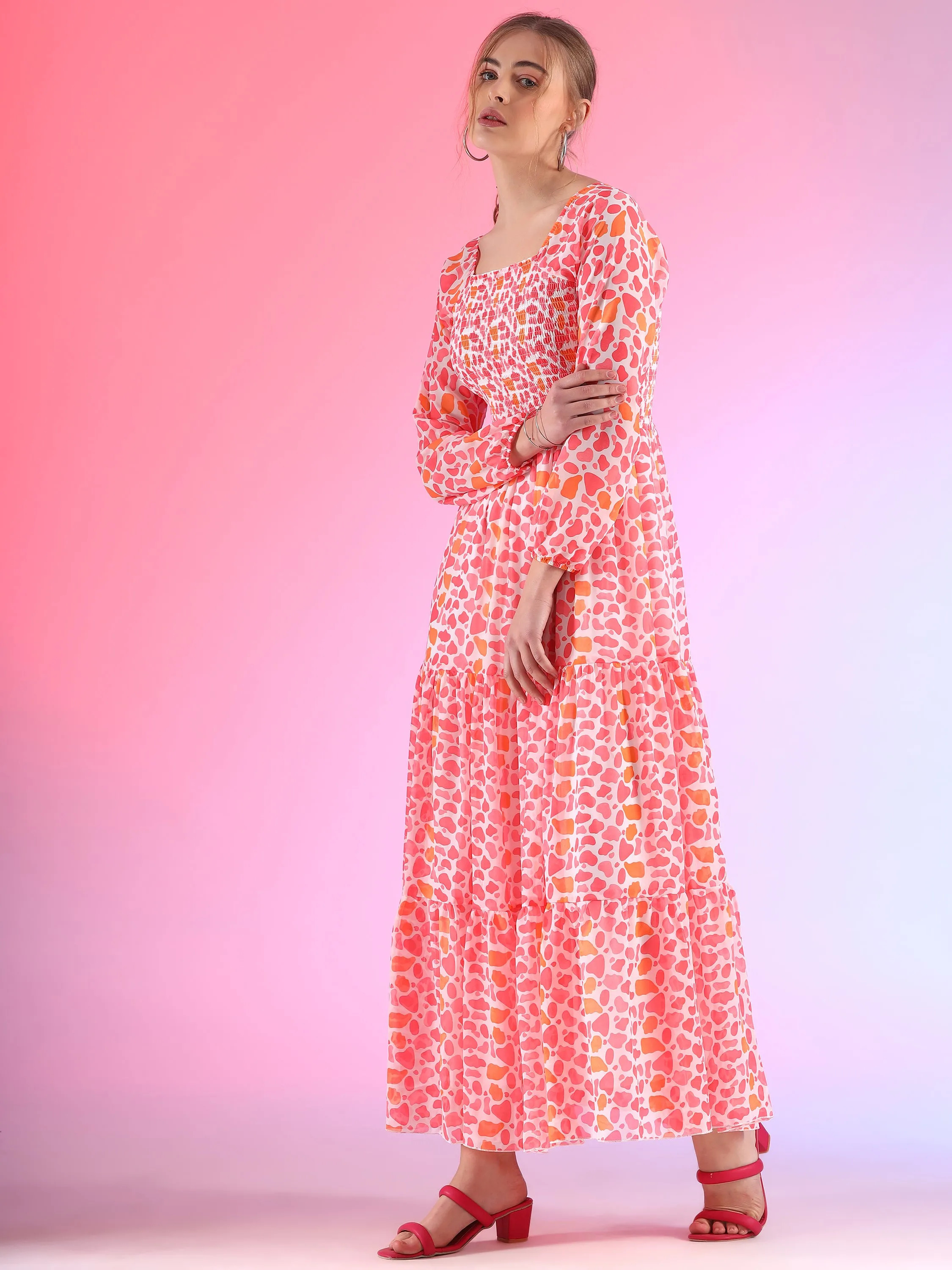 Fuchsia Fantasy Bishop Sleeve Georgette Maxi Dress