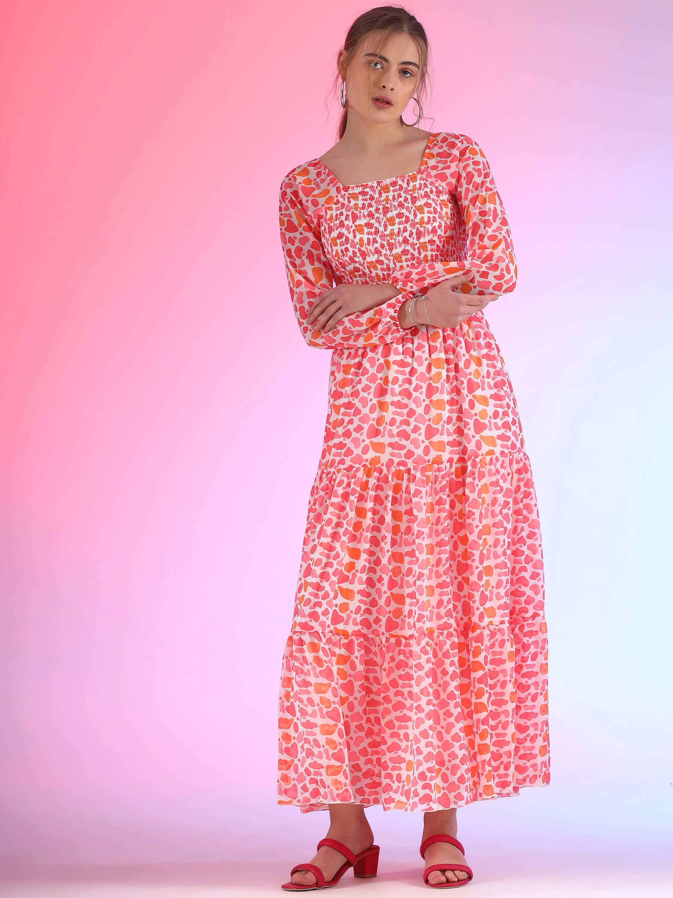Fuchsia Fantasy Bishop Sleeve Georgette Maxi Dress