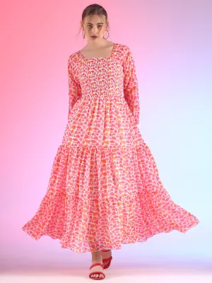 Fuchsia Fantasy Bishop Sleeve Georgette Maxi Dress