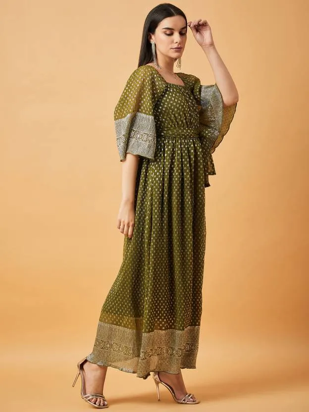 Green Printed Square Neck Maxi Dress