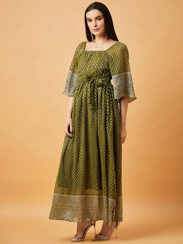 Green Printed Square Neck Maxi Dress