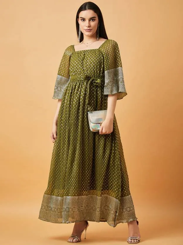 Green Printed Square Neck Maxi Dress