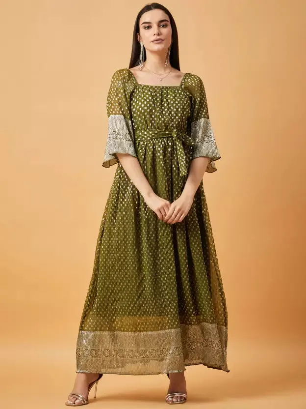 Green Printed Square Neck Maxi Dress