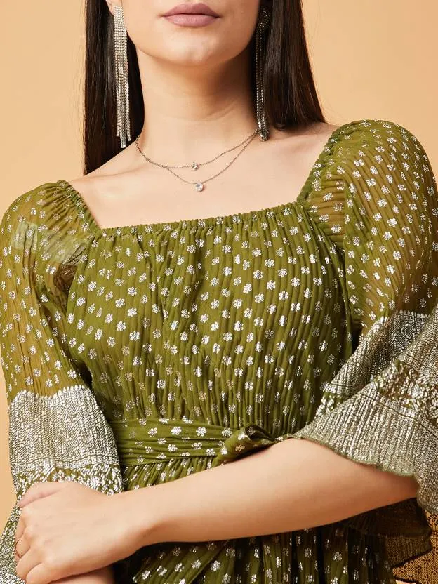 Green Printed Square Neck Maxi Dress