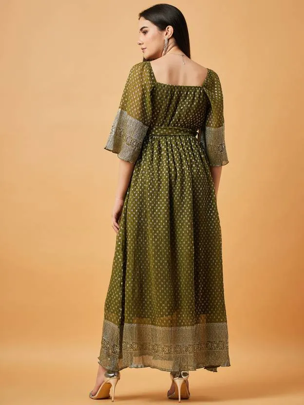 Green Printed Square Neck Maxi Dress