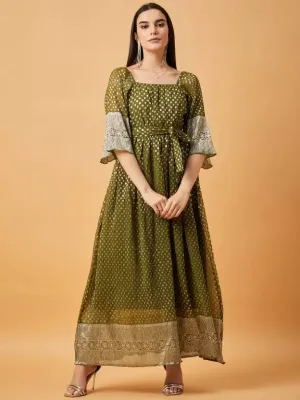 Green Printed Square Neck Maxi Dress