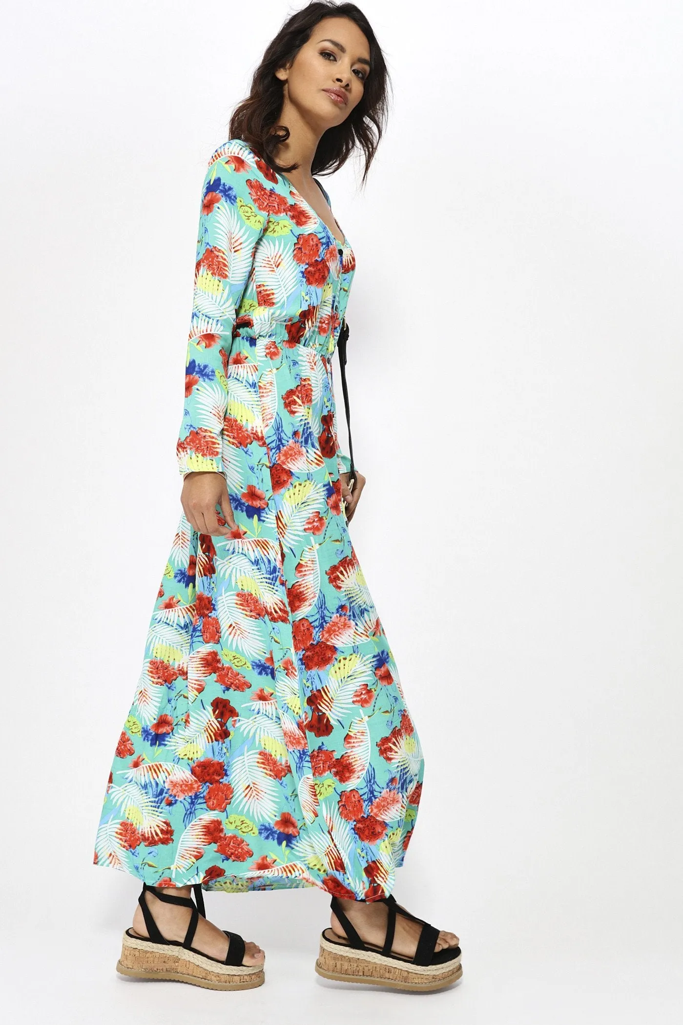 Green Tropical Long Sleeve Maxi Dress