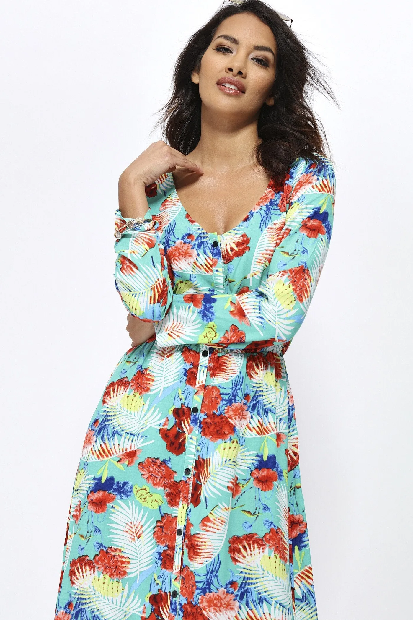 Green Tropical Long Sleeve Maxi Dress