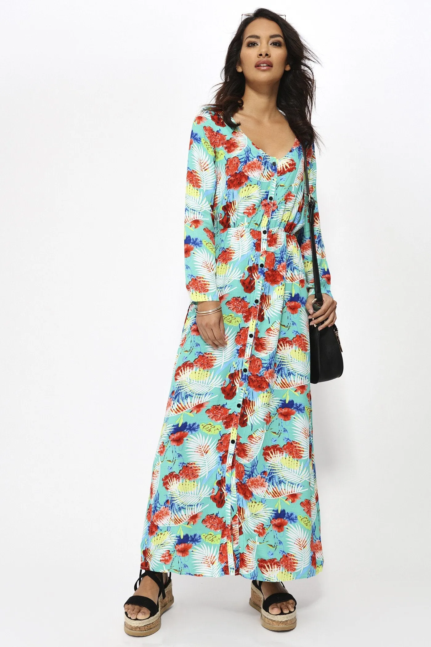 Green Tropical Long Sleeve Maxi Dress