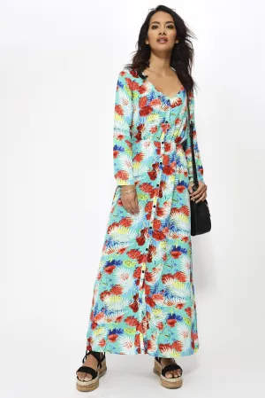 Green Tropical Long Sleeve Maxi Dress