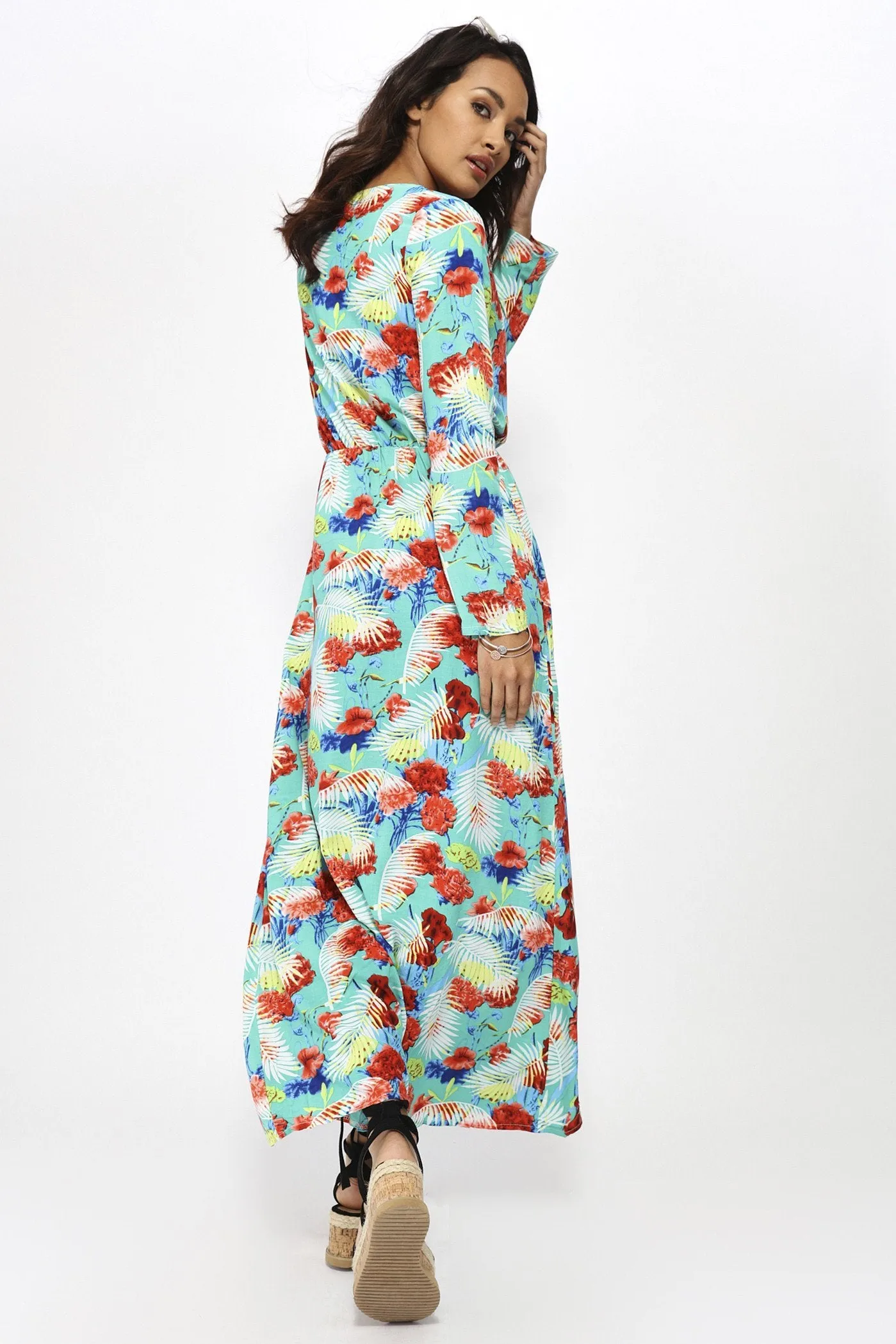Green Tropical Long Sleeve Maxi Dress