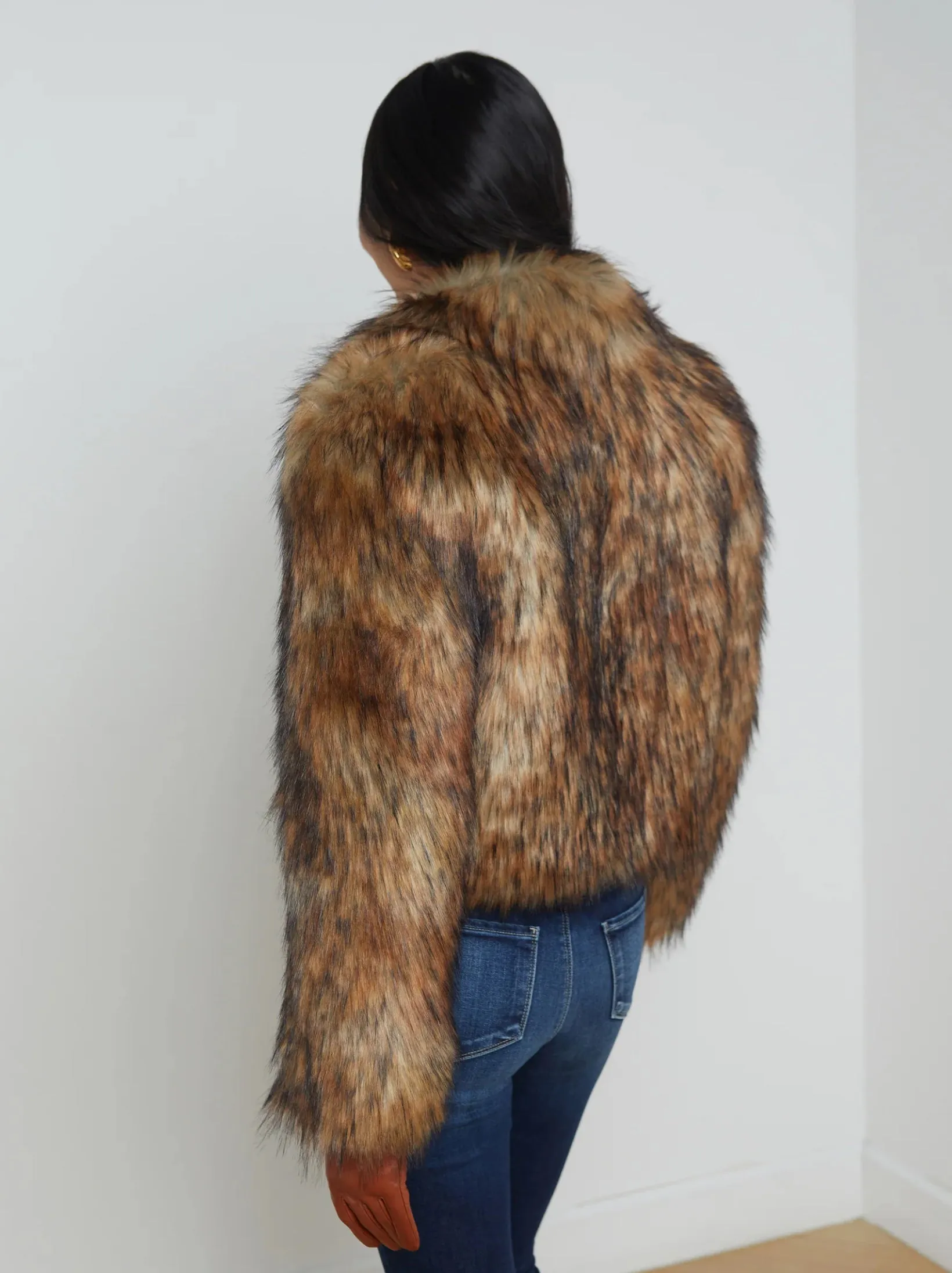 L'AGENCE Aura Crop Faux Fur Coat in Tan/Black