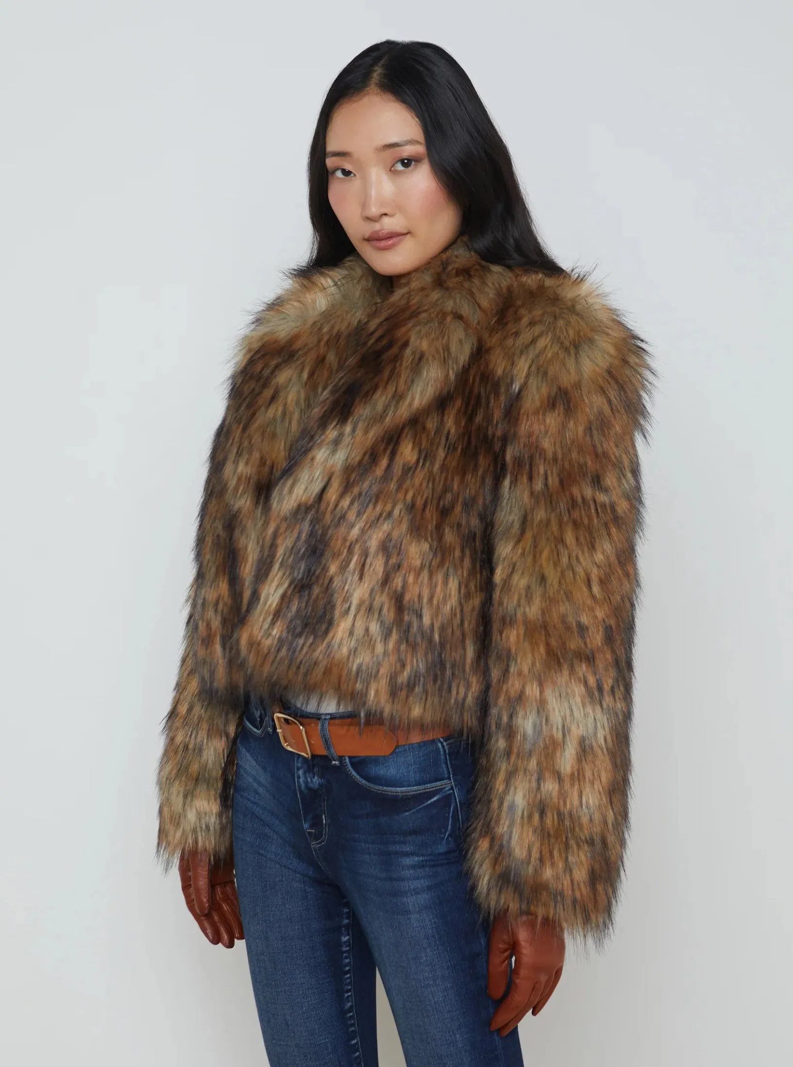 L'AGENCE Aura Crop Faux Fur Coat in Tan/Black