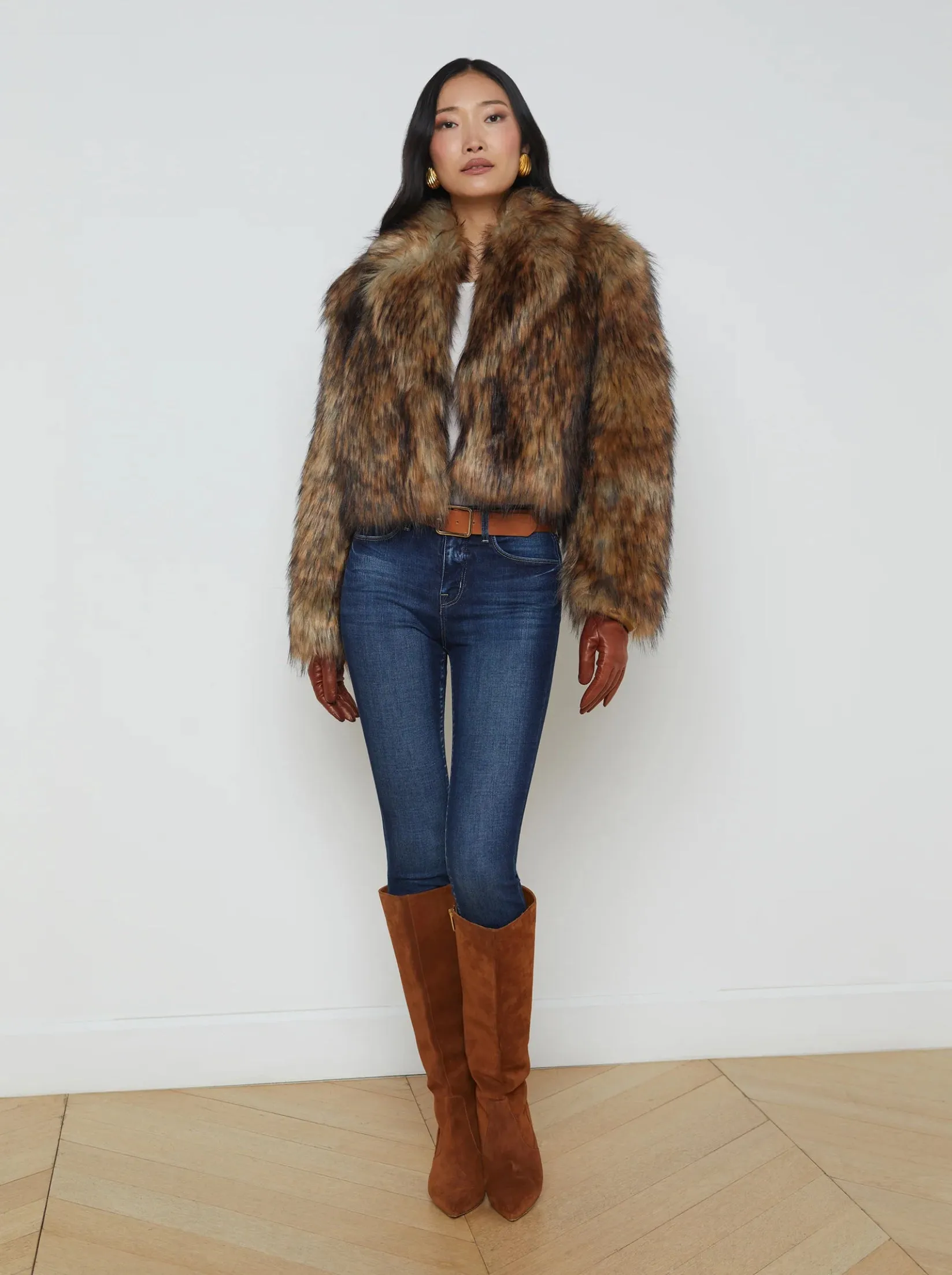 L'AGENCE Aura Crop Faux Fur Coat in Tan/Black