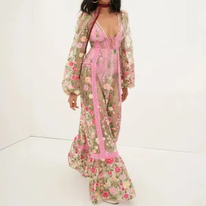Long Sleeve Maxi Beach Floral Mesh Dress