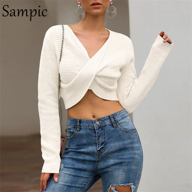 Long Sleeve Pullover Knitted Women Sweater V Neck