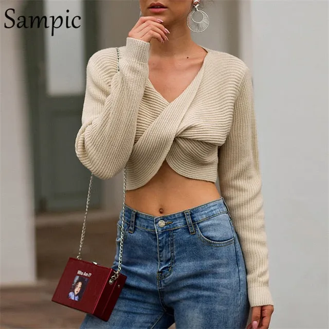Long Sleeve Pullover Knitted Women Sweater V Neck