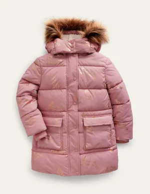 Longline Padded Coat-Almond Pink Foil Bunnies