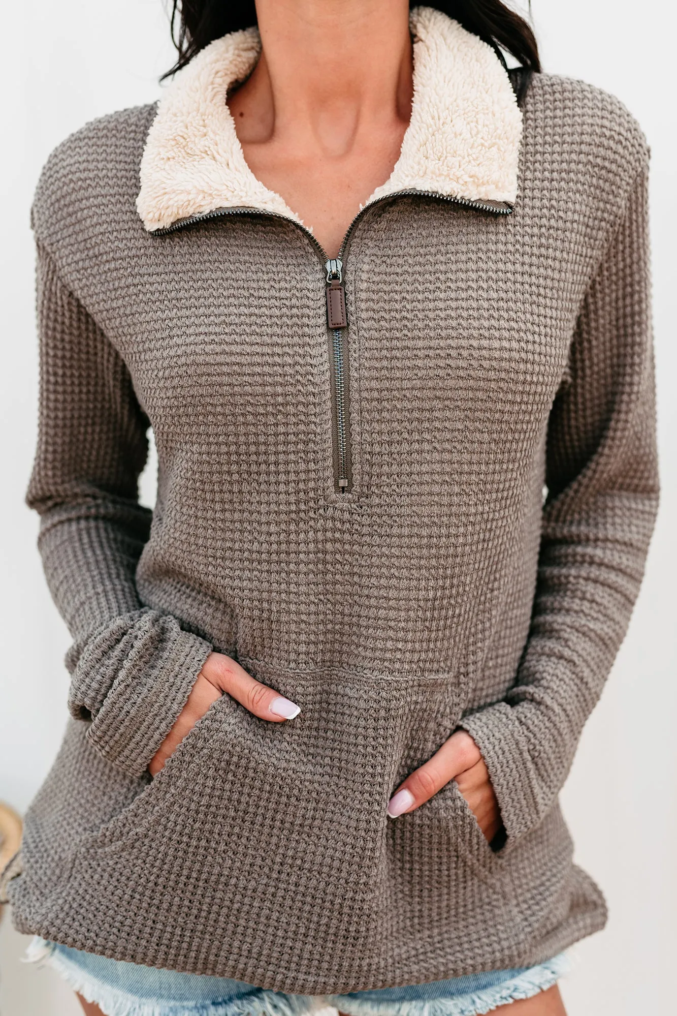 Marsha Waffle Knit Quarter-Zip Pullover (Mocha)