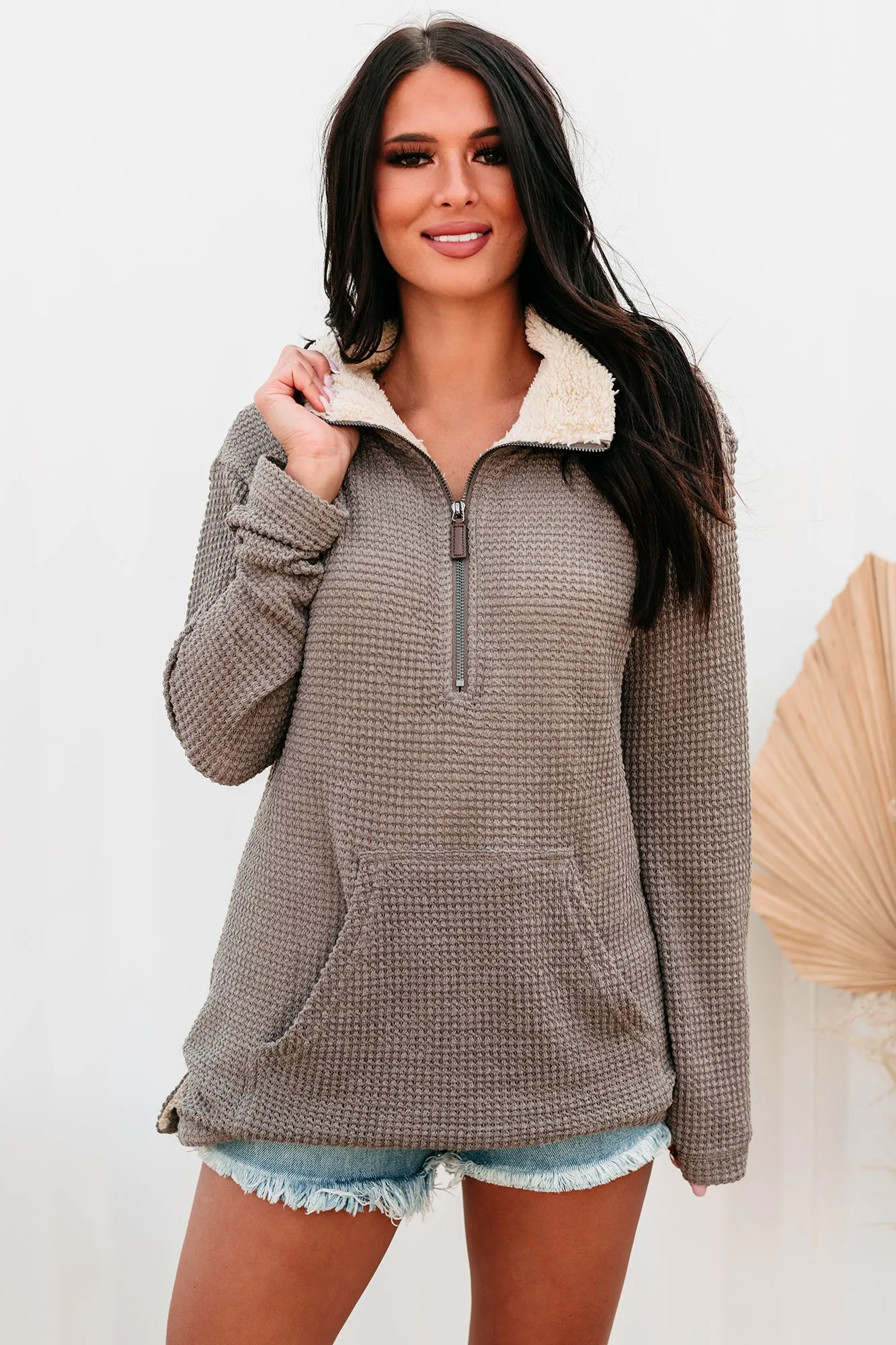Marsha Waffle Knit Quarter-Zip Pullover (Mocha)