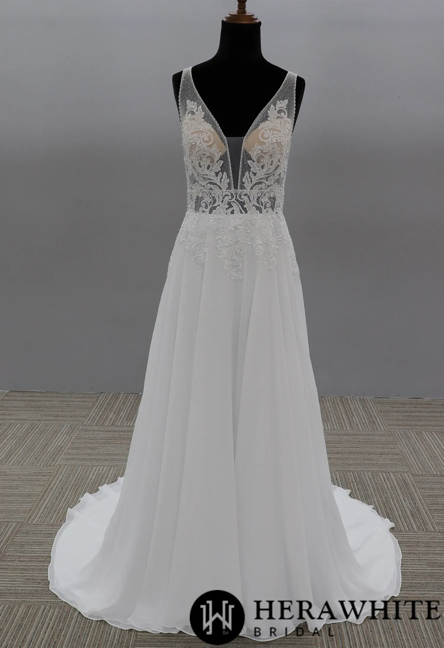 Modern A-line Wedding Dress with Floral Lace Bodice