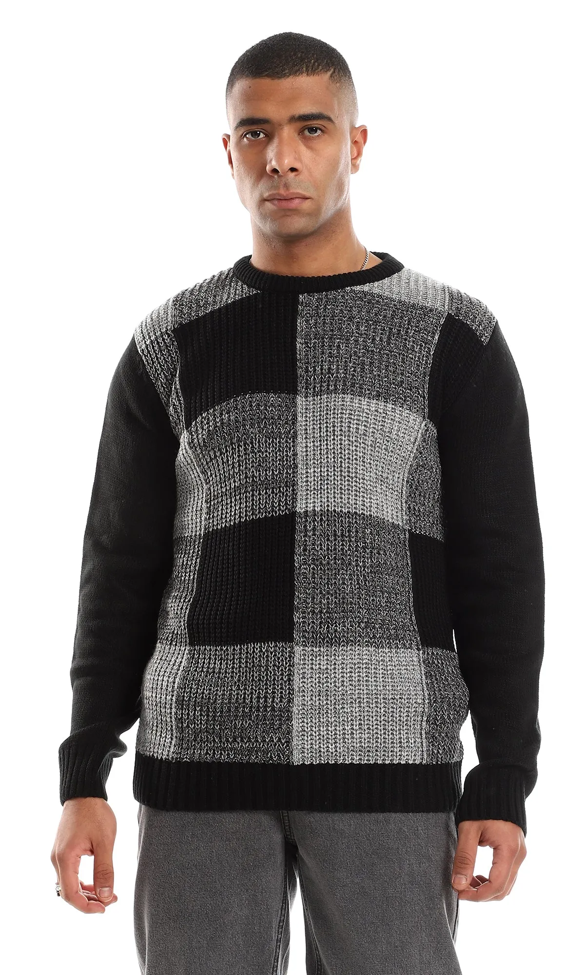 O154339 Wondow Plaids Patterned Front Knitted Pullover - Grey Shades & Black