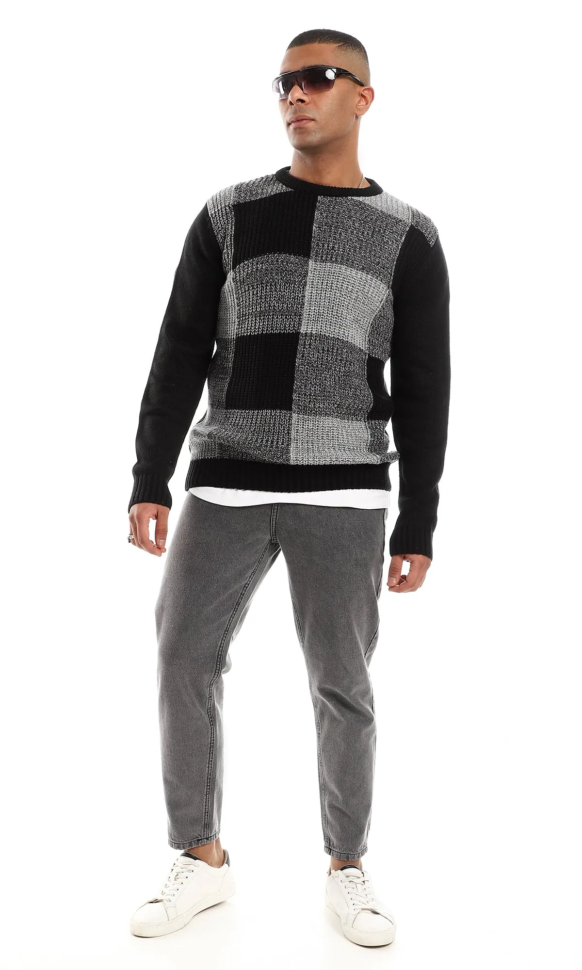 O154339 Wondow Plaids Patterned Front Knitted Pullover - Grey Shades & Black